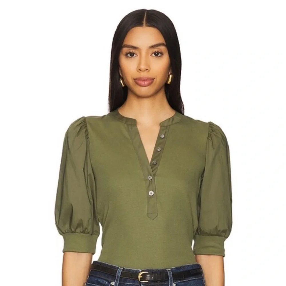 VERONICA BEARD Coralee green Puff-Sleeve Rib-Knit Top XS - Picture 1 of 9